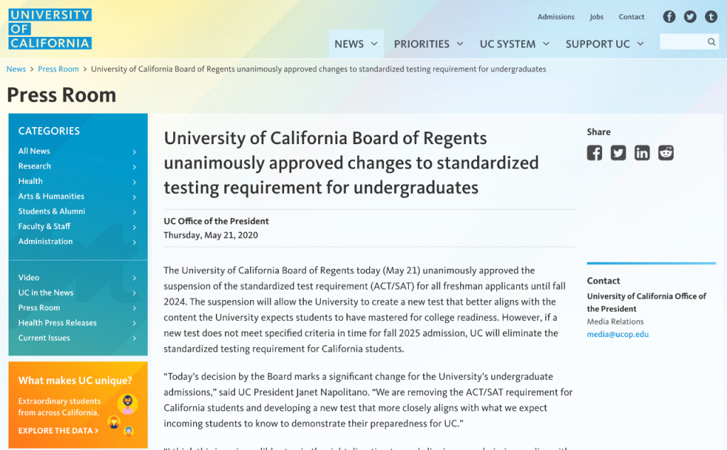重磅！2020年加州大学宣布将逐步停止使用SAT/ACT作为录取标准！未来5年将设置新的录取标准！