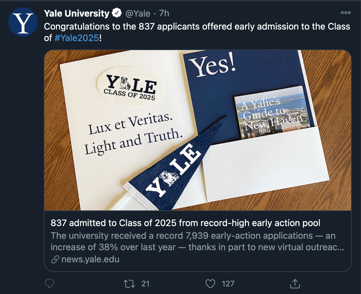 2020-2021年耶鲁大学（Yale）早申放榜，ED录取标准怎么样？