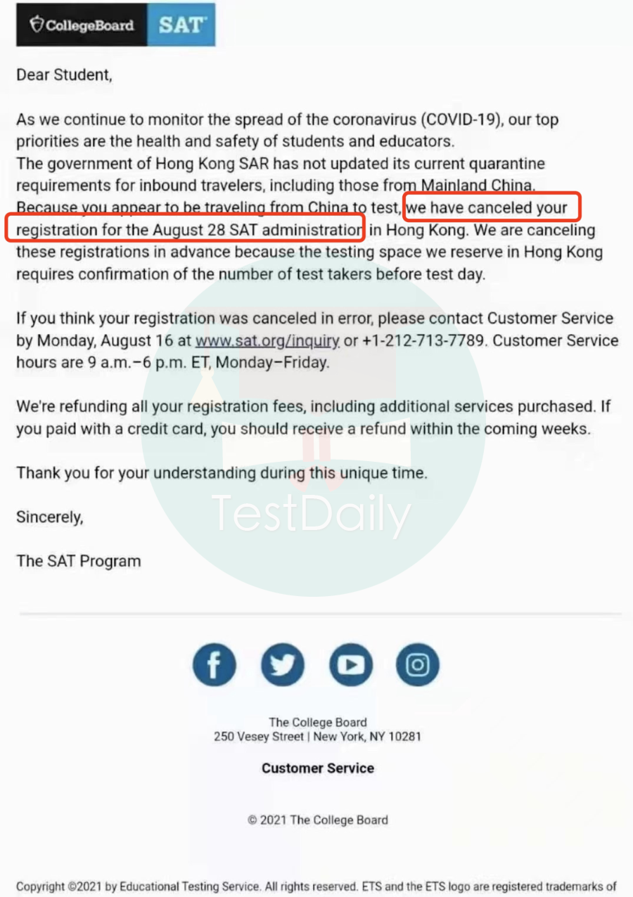 最新！CB宣布取消2021年8月SAT大陆赴香港考生考试报名！