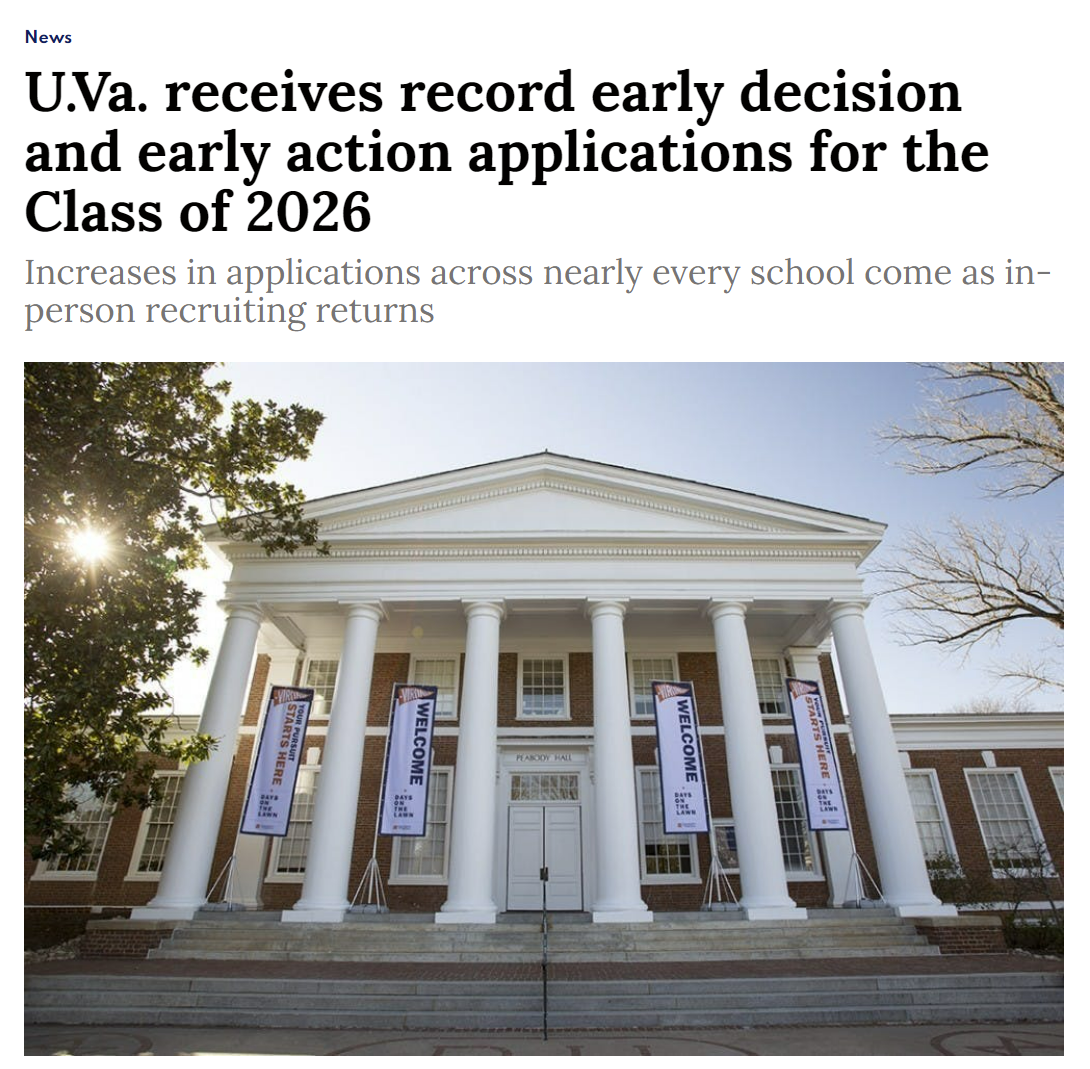 美国TOP30 弗吉尼亚大学公布2021年EA/ED申请数据，申请人数再达巅峰？
