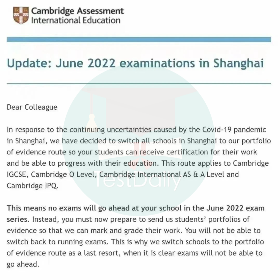 CAIE考试局取消上海地区A Level夏季大考,使用提交学生证据集计分!